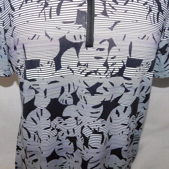 Coral Bay Womens PL Petite L Black White Striped Leaves Golf Polo Shirt 1/4 Zip - Picture 7 of 11